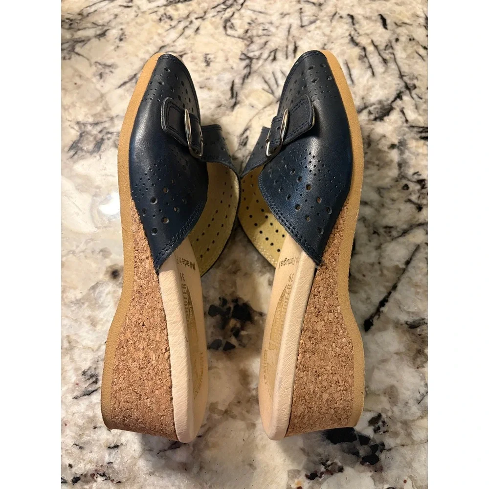 Werishofer Sandals US 8 Navy Leather Cork Wedge Comfort Boho Grandmacore